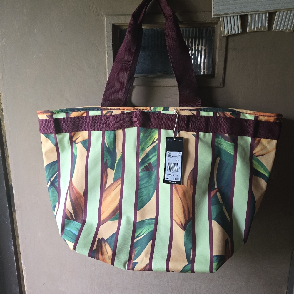 NWT Tropical Print Tote Bag with Burgundy Straps